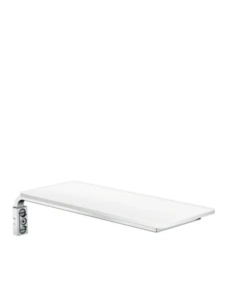 Hansgrohe Ablage mit flacher, weißer Oberfläche und chromfarbenem Halter. Die Lösung für eine stilvolle Wandmontage in Badezimmer oder Küche.
